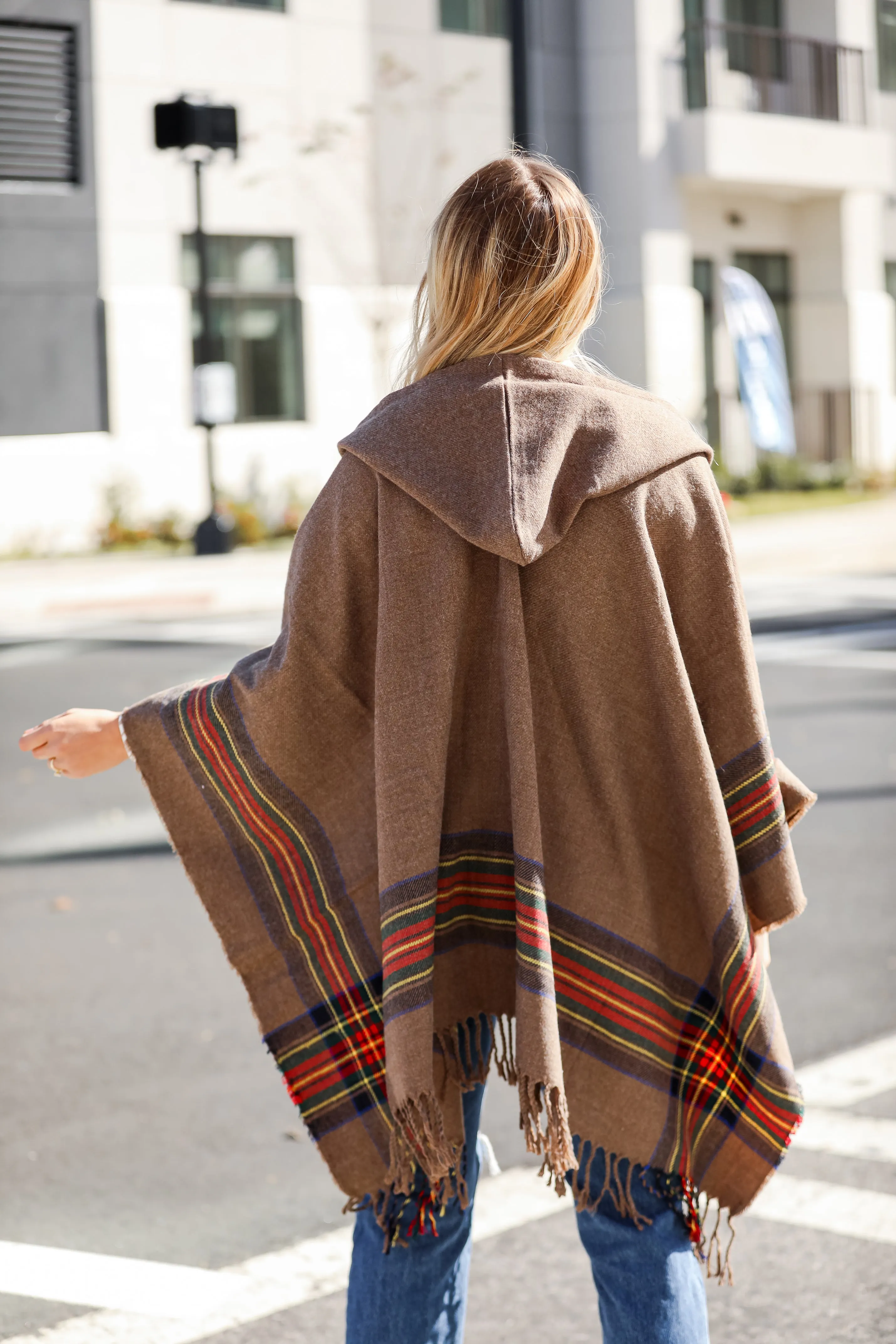 FINAL SALE - Along For The Ride Brown Plaid Fringe Hooded Shawl