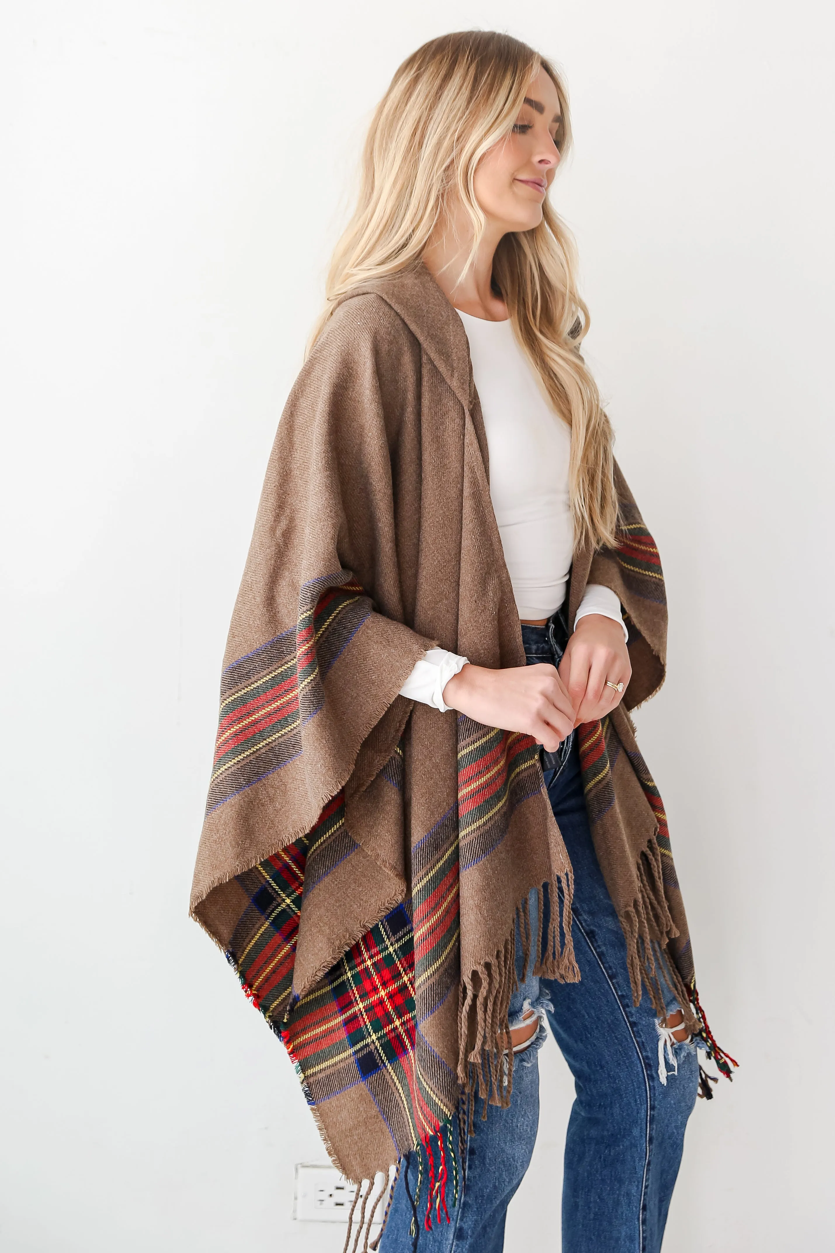 FINAL SALE - Along For The Ride Brown Plaid Fringe Hooded Shawl