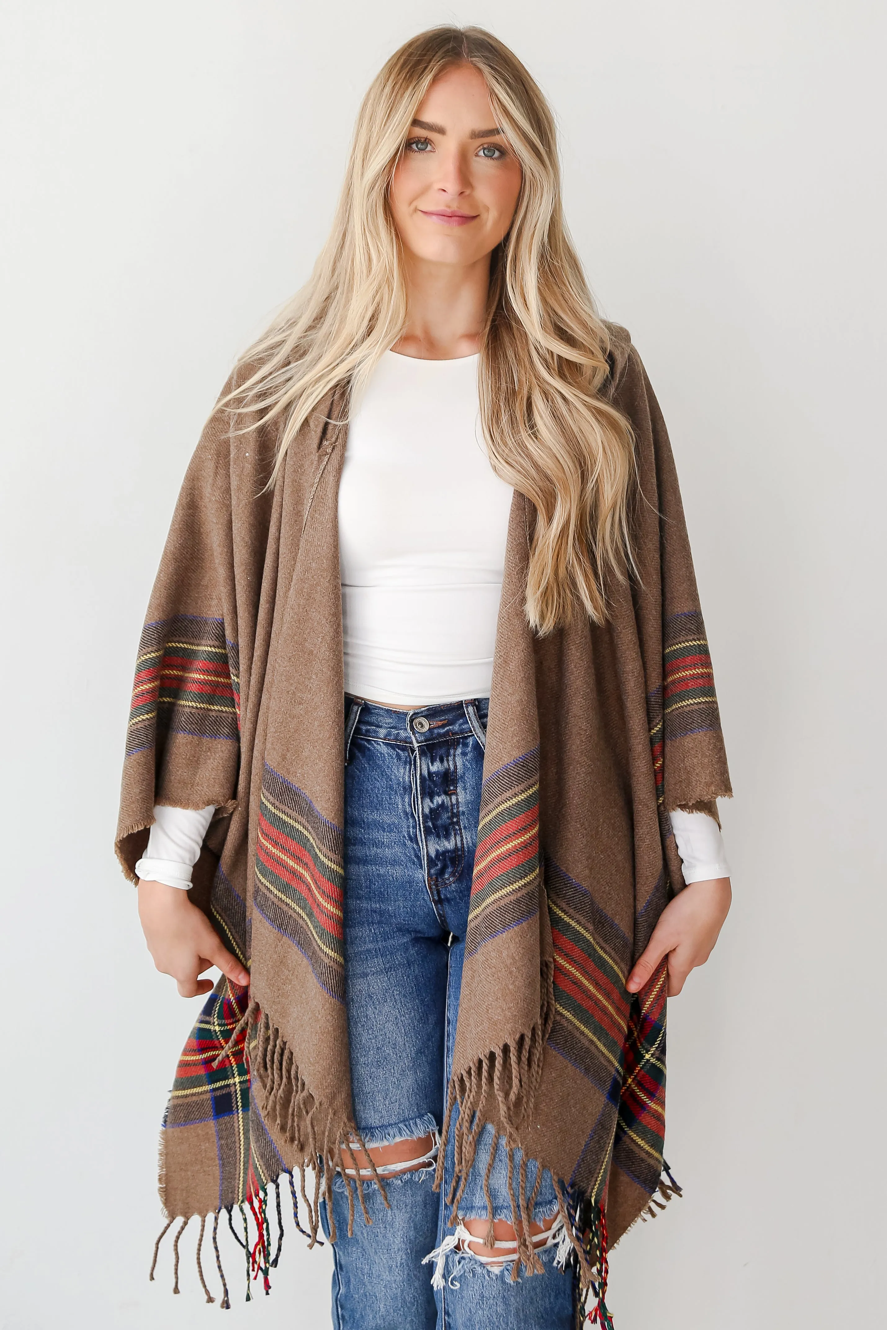 FINAL SALE - Along For The Ride Brown Plaid Fringe Hooded Shawl