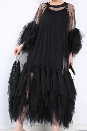 Floaty Ruffle Crew Neck Short Sleeve A Line Sheer Layer Tulle Maxi Dress