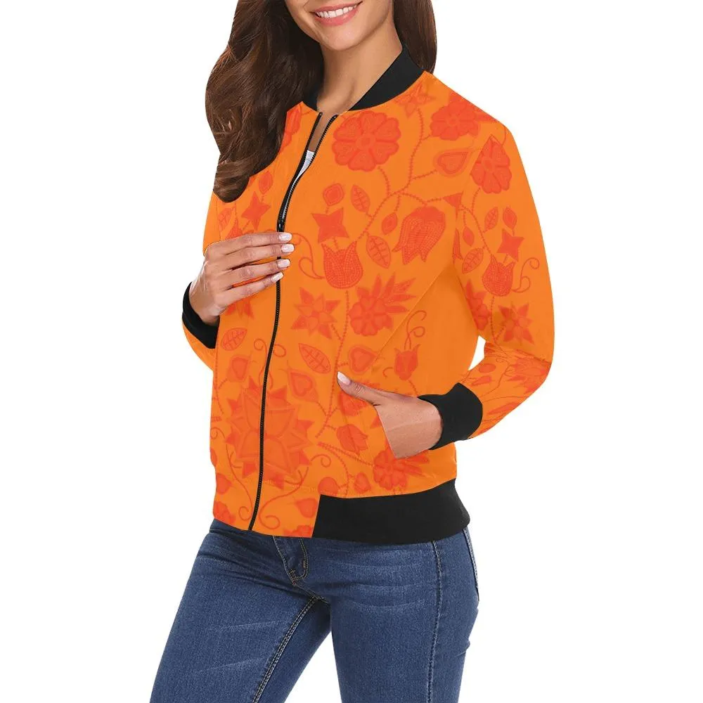 Floral Beadwork Real Orange Feather Directions Bomber Jacket for Women