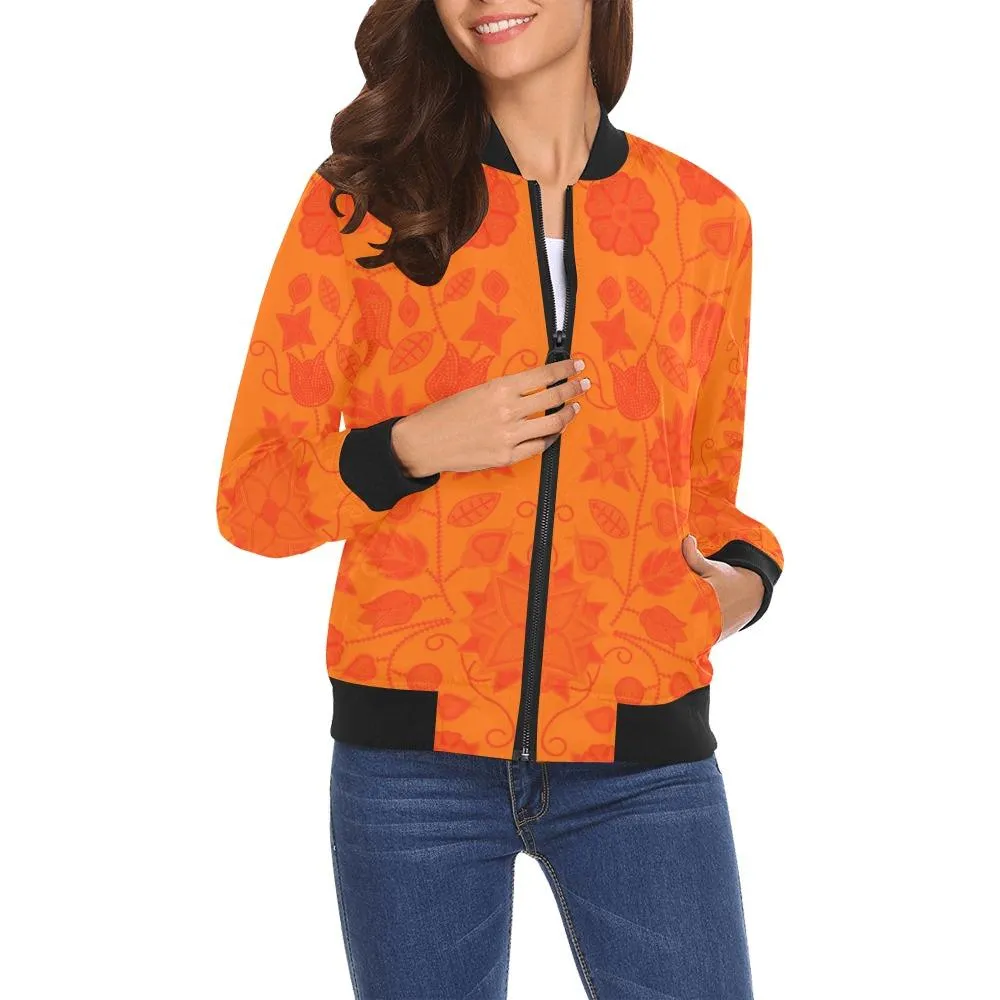 Floral Beadwork Real Orange Feather Directions Bomber Jacket for Women