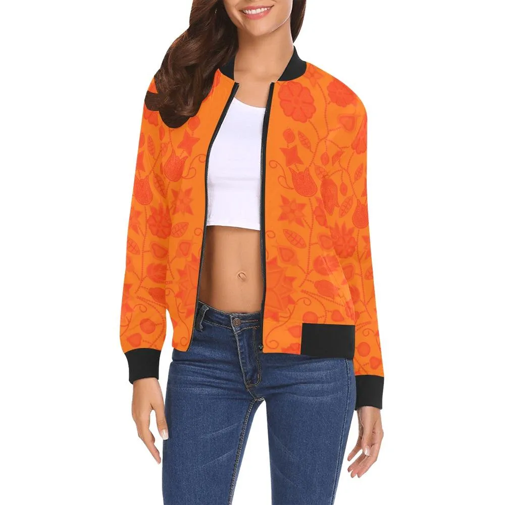 Floral Beadwork Real Orange Feather Directions Bomber Jacket for Women