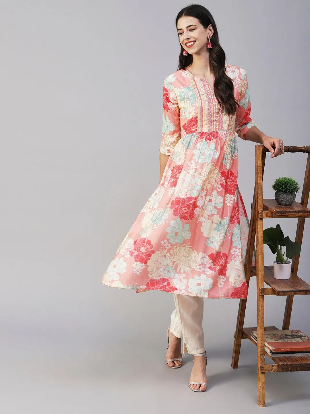 Floral Printed Lurex Striped Mirror & Zari Embroidered Kurta With Pants - Peach & Multi