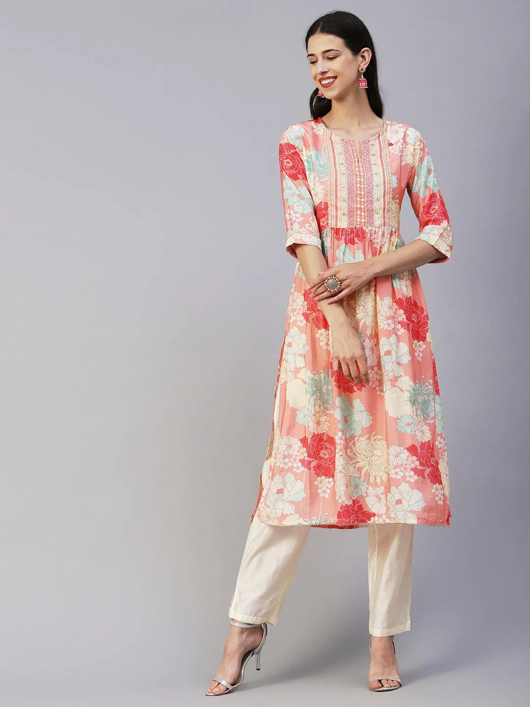 Floral Printed Lurex Striped Mirror & Zari Embroidered Kurta With Pants - Peach & Multi