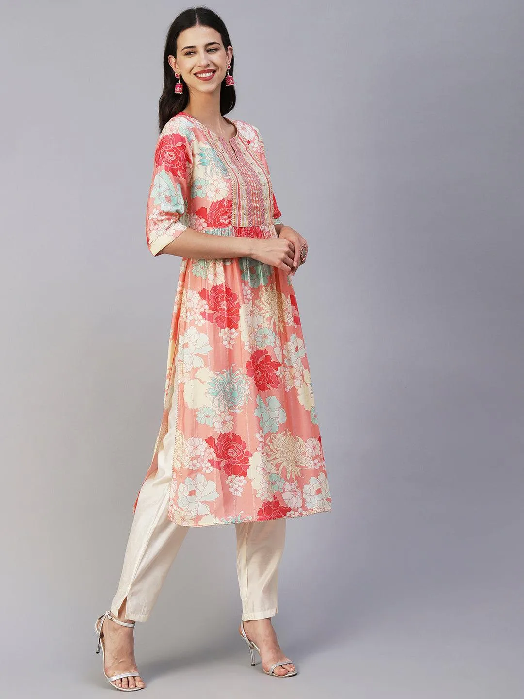 Floral Printed Lurex Striped Mirror & Zari Embroidered Kurta With Pants - Peach & Multi