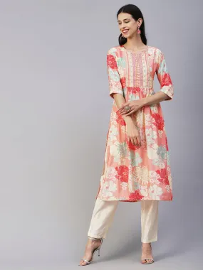 Floral Printed Lurex Striped Mirror & Zari Embroidered Kurta With Pants - Peach & Multi