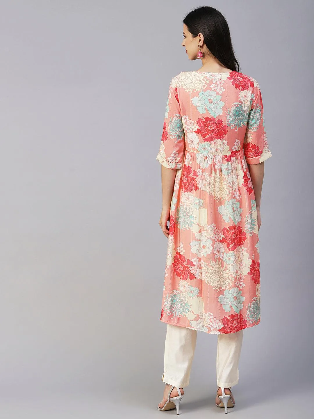 Floral Printed Lurex Striped Mirror & Zari Embroidered Kurta With Pants - Peach & Multi