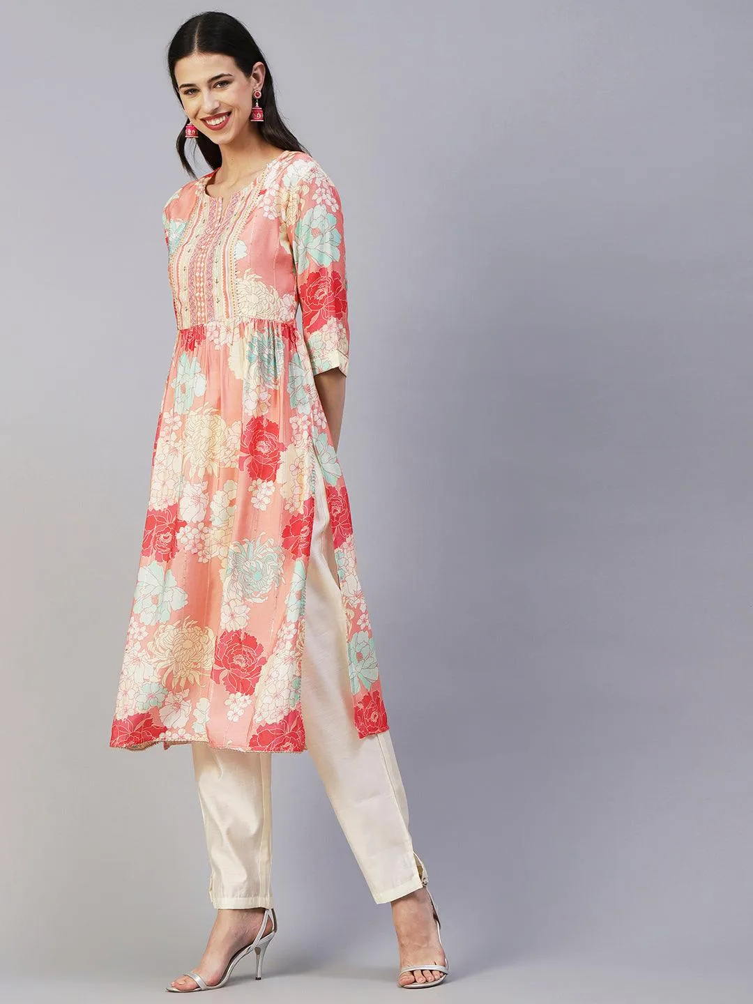 Floral Printed Lurex Striped Mirror & Zari Embroidered Kurta With Pants - Peach & Multi