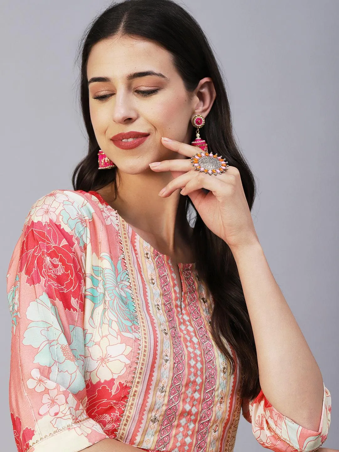 Floral Printed Lurex Striped Mirror & Zari Embroidered Kurta With Pants - Peach & Multi