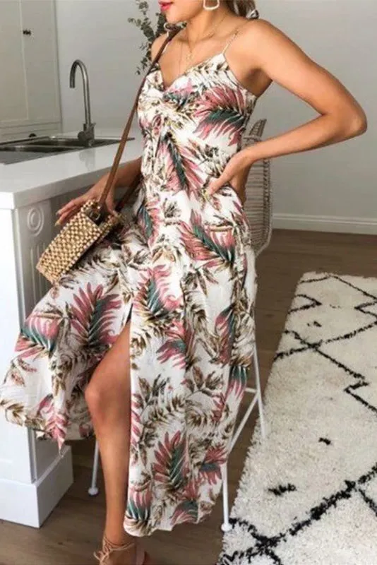 Floral Sleeveless Slit Ruched Slip Dress