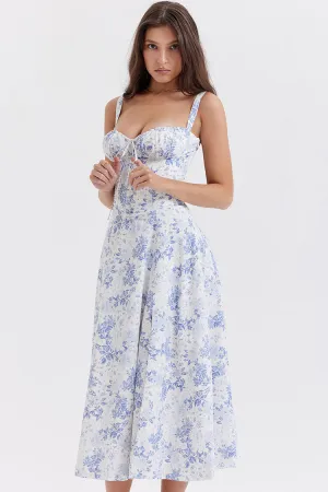 Floral Tie Front Lace Up Back Fit & Flare Split Midi Sundress - Blue