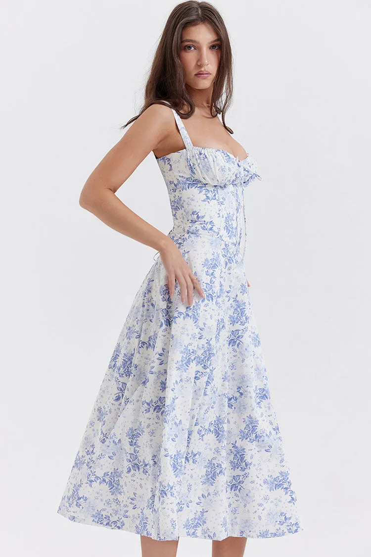 Floral Tie Front Lace Up Back Fit & Flare Split Midi Sundress - Blue