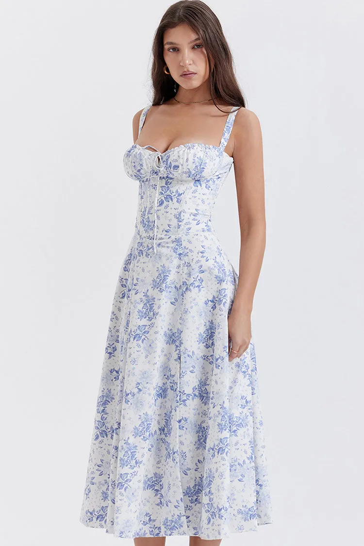 Floral Tie Front Lace Up Back Fit & Flare Split Midi Sundress - Blue