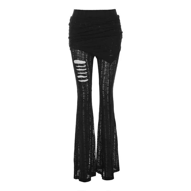 Flytonn-Halloween Outfits Halloween Gifts Gothic Style New large size fashion women's sexy hot girl low waist tie hollowed wrinkles broken holes leisure flared pants pants pants