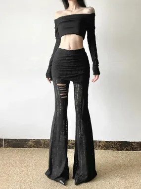 Flytonn-Halloween Outfits Halloween Gifts Gothic Style New large size fashion women's sexy hot girl low waist tie hollowed wrinkles broken holes leisure flared pants pants pants