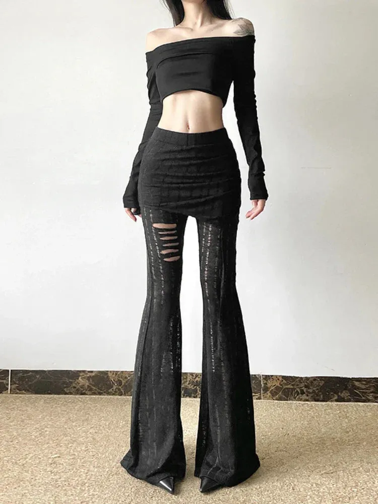 Flytonn-Halloween Outfits Halloween Gifts Gothic Style New large size fashion women's sexy hot girl low waist tie hollowed wrinkles broken holes leisure flared pants pants pants