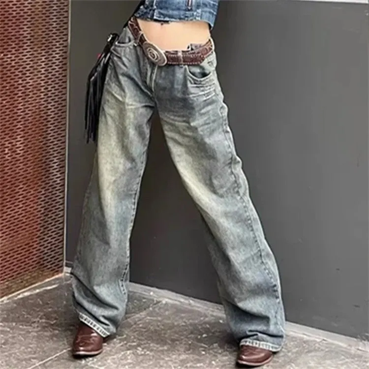 Flytonnshop 2000s fashion Washed Retro Loose Flared Jeans Women's Autumn Slimming High Waist Distressed Loose All-Match Low Waist Trousers