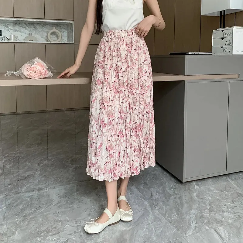 French Style Pleated Elastic Waist Printed Women Skirts Casual Summer Elegant Female Midi Skirt Vacation Party Club Skirt