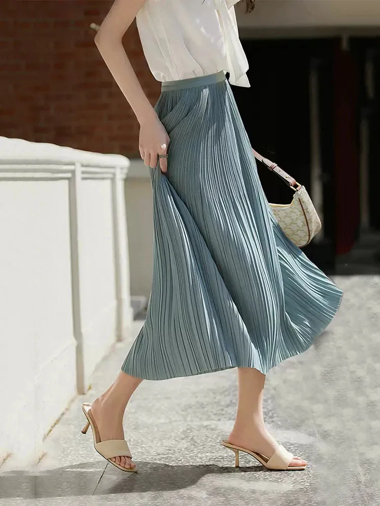 Frenchy Solid High Waist Pleated Skirt Women Elastic Waist Fashionable All-match A-Line Midi Skirt Female C-082