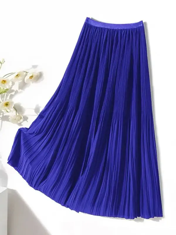 Frenchy Solid High Waist Pleated Skirt Women Elastic Waist Fashionable All-match A-Line Midi Skirt Female C-082