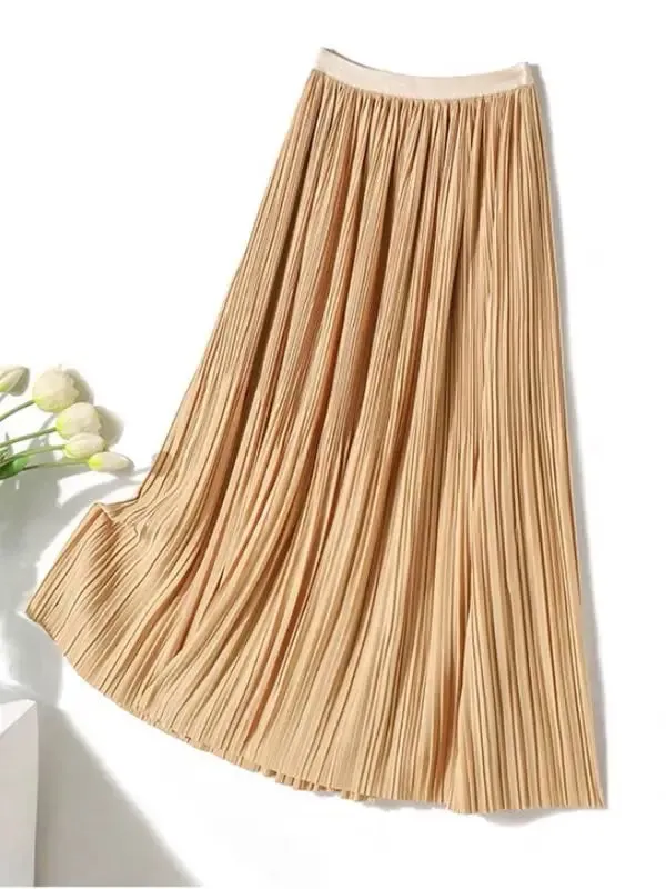 Frenchy Solid High Waist Pleated Skirt Women Elastic Waist Fashionable All-match A-Line Midi Skirt Female C-082