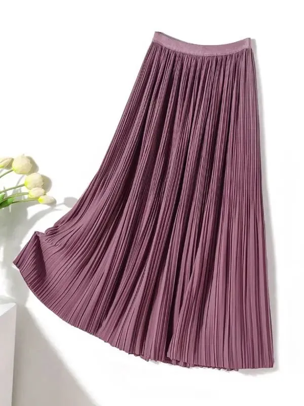 Frenchy Solid High Waist Pleated Skirt Women Elastic Waist Fashionable All-match A-Line Midi Skirt Female C-082