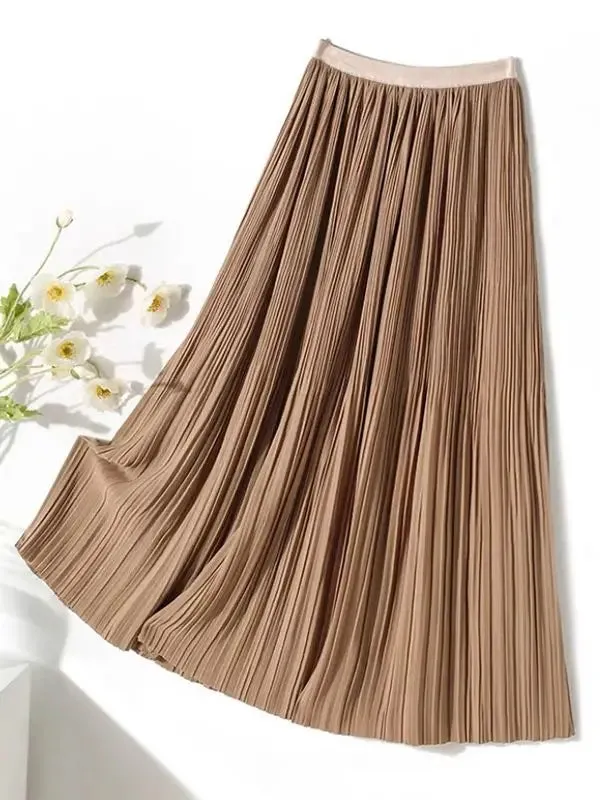 Frenchy Solid High Waist Pleated Skirt Women Elastic Waist Fashionable All-match A-Line Midi Skirt Female C-082