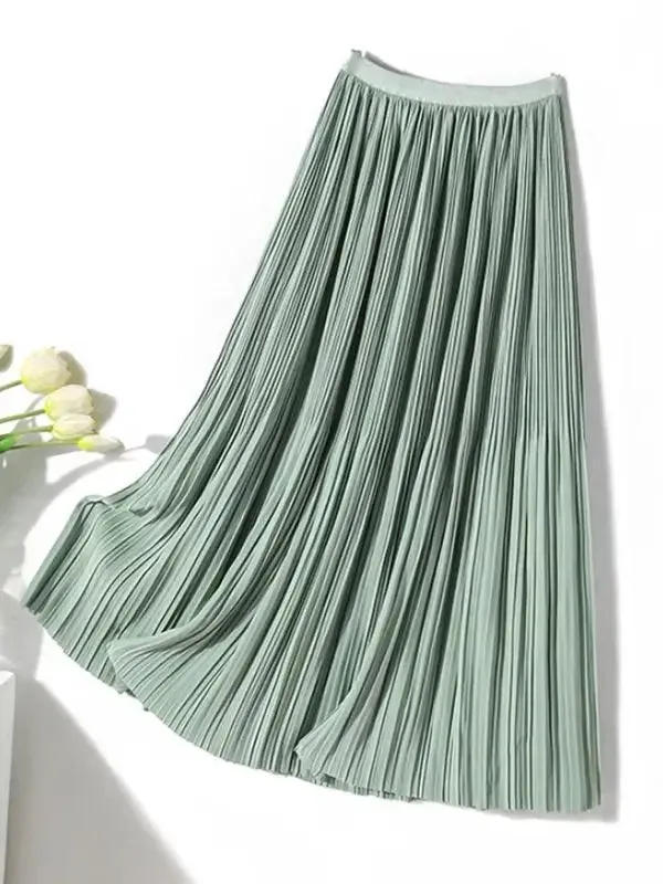 Frenchy Solid High Waist Pleated Skirt Women Elastic Waist Fashionable All-match A-Line Midi Skirt Female C-082