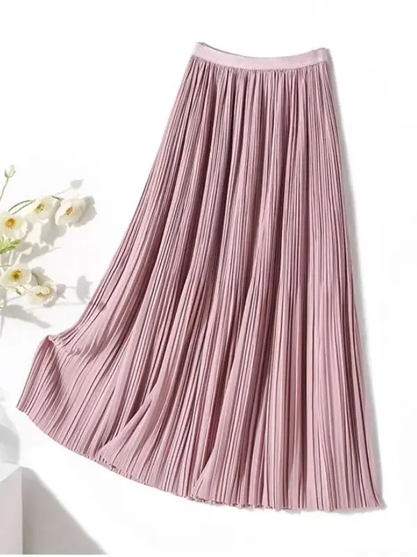 Frenchy Solid High Waist Pleated Skirt Women Elastic Waist Fashionable All-match A-Line Midi Skirt Female C-082