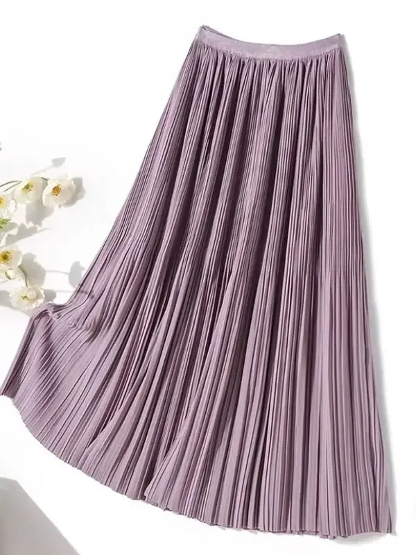 Frenchy Solid High Waist Pleated Skirt Women Elastic Waist Fashionable All-match A-Line Midi Skirt Female C-082