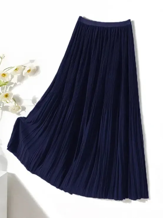 Frenchy Solid High Waist Pleated Skirt Women Elastic Waist Fashionable All-match A-Line Midi Skirt Female C-082