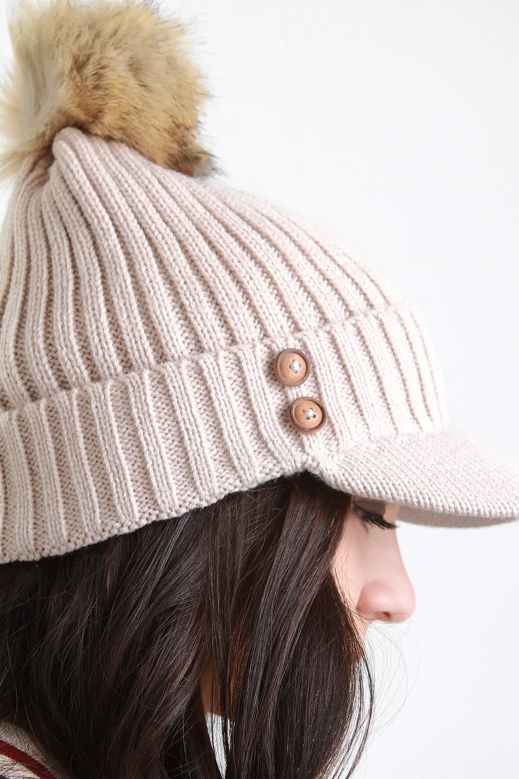 Fur Pom Pom Button Beanie