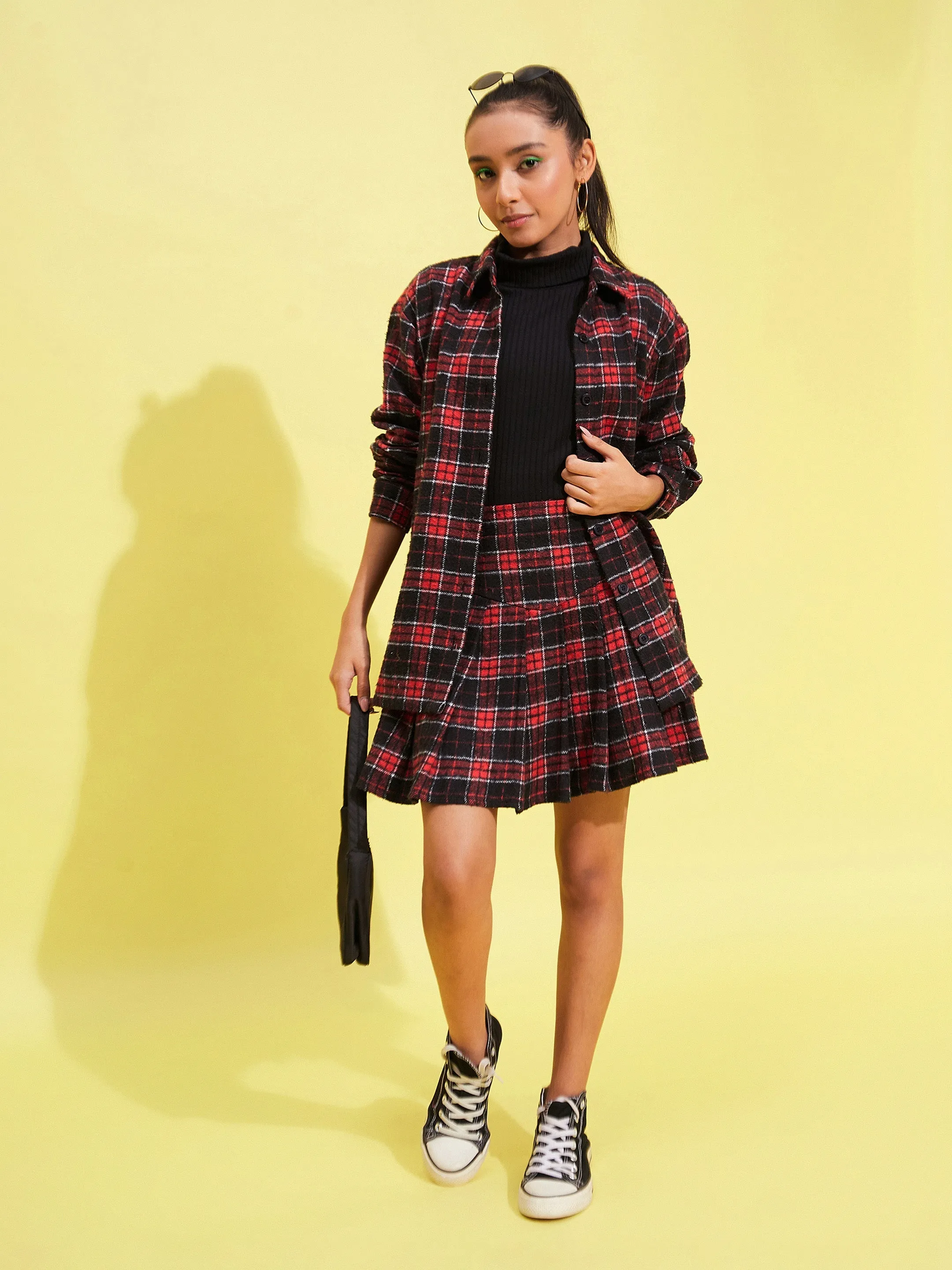 Girls Red & Navy Check Front Yoke Pleated Skirt