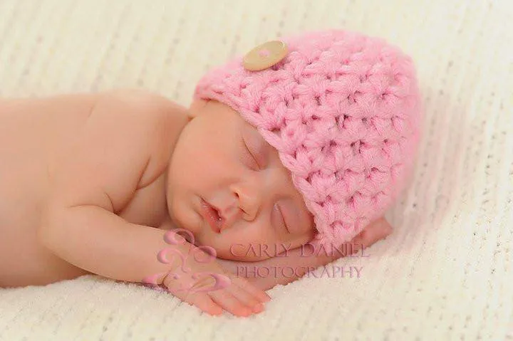 Girly Pink Newborn Button Beanie Hat