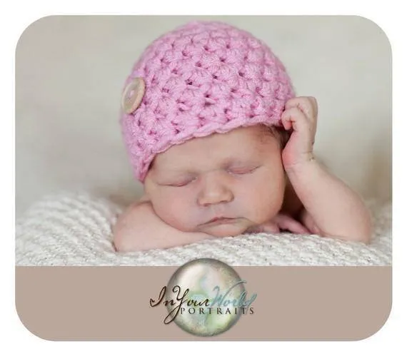 Girly Pink Newborn Button Beanie Hat