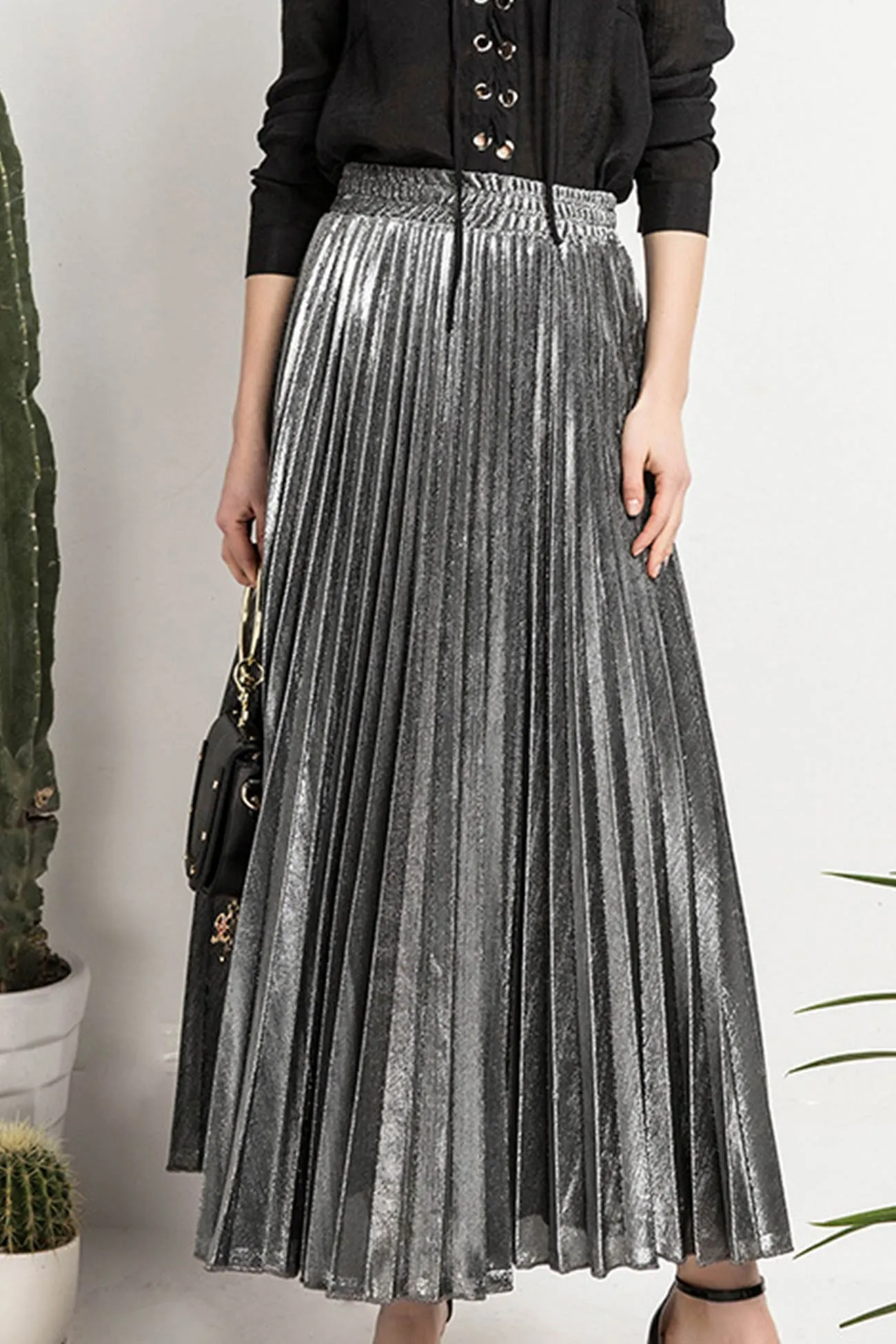 Glitter Pleated Midi Skirt