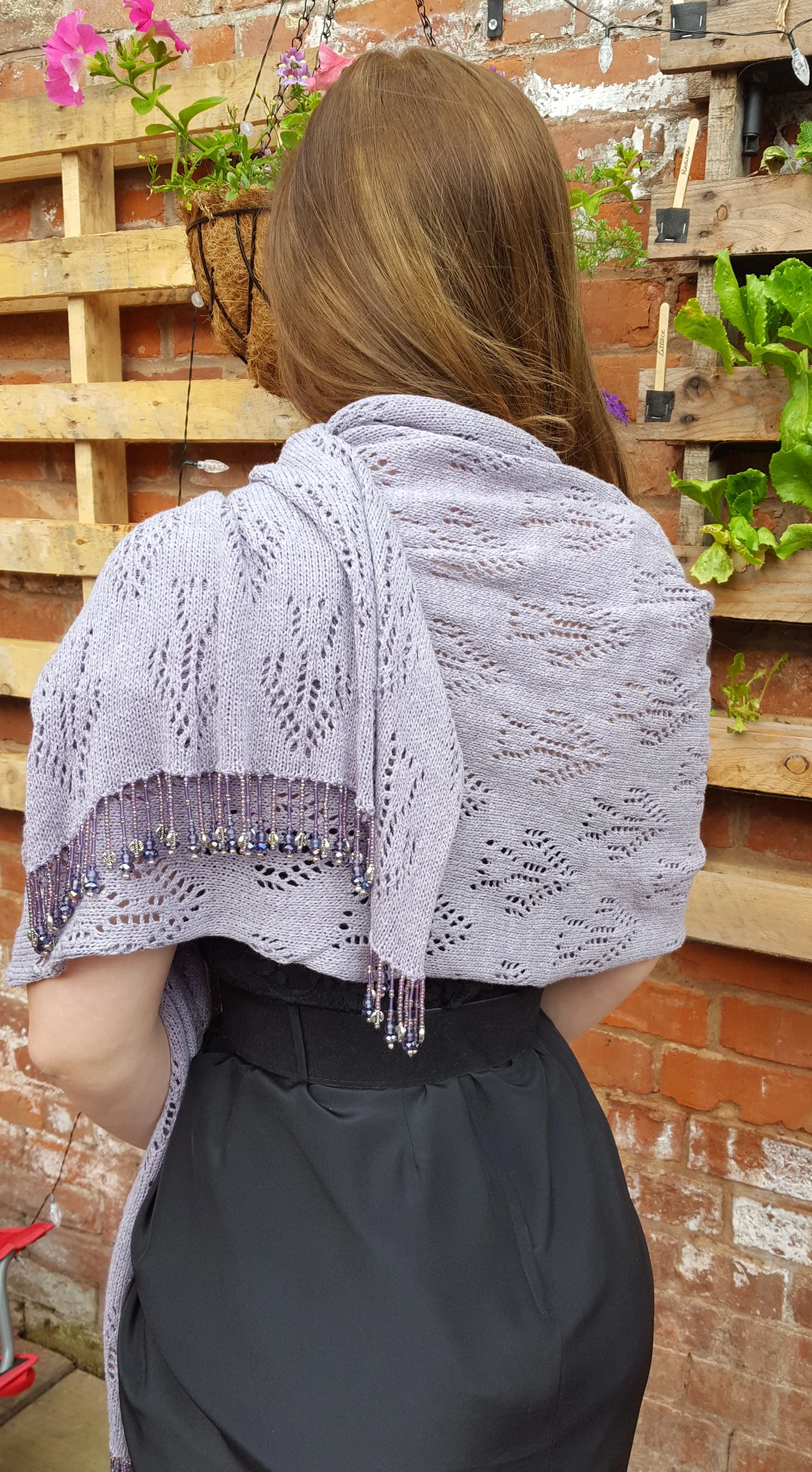 Grape coloured knitted lace pashmina, shawl, wrap with beaded fringe.