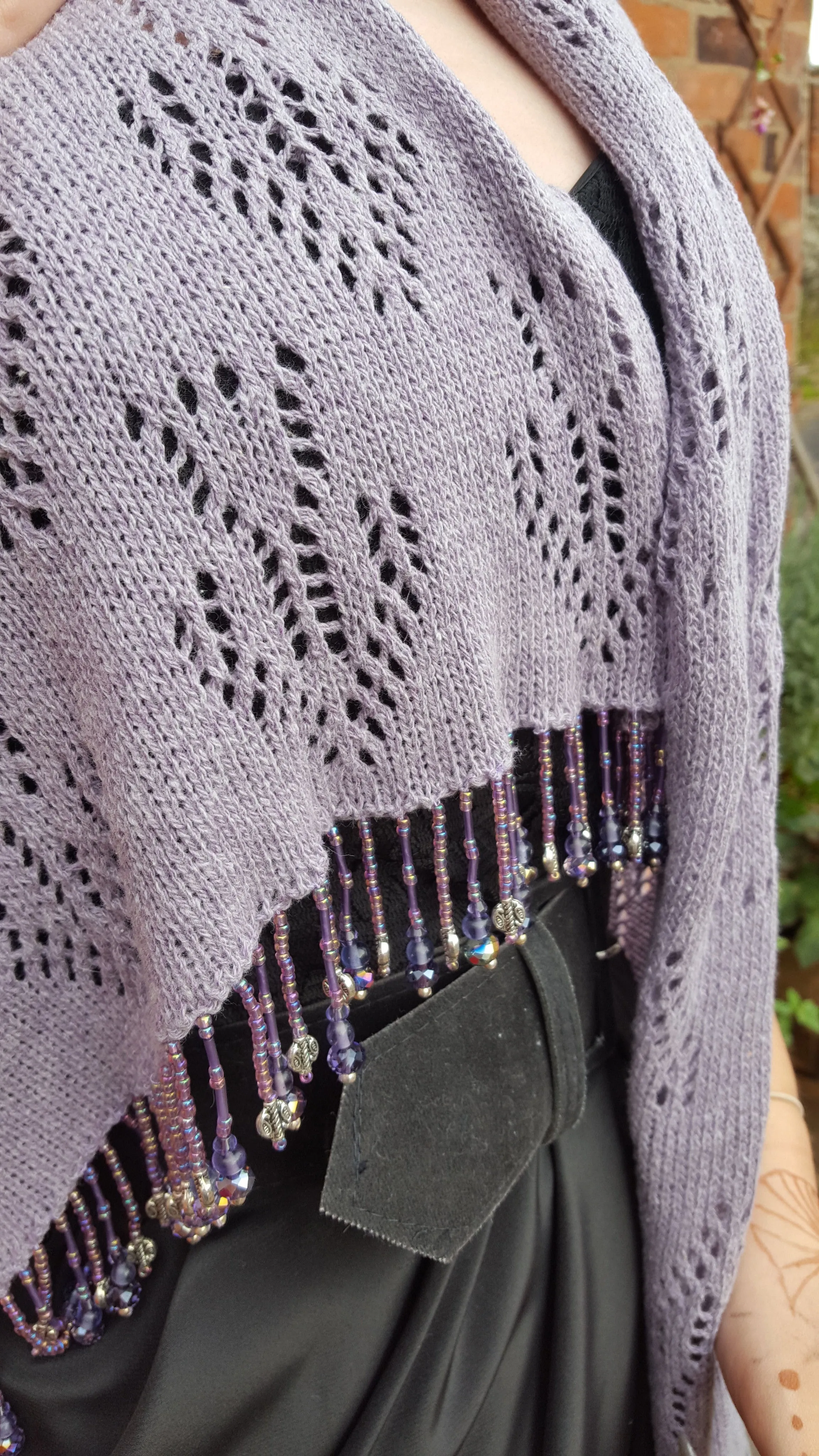 Grape coloured knitted lace pashmina, shawl, wrap with beaded fringe.