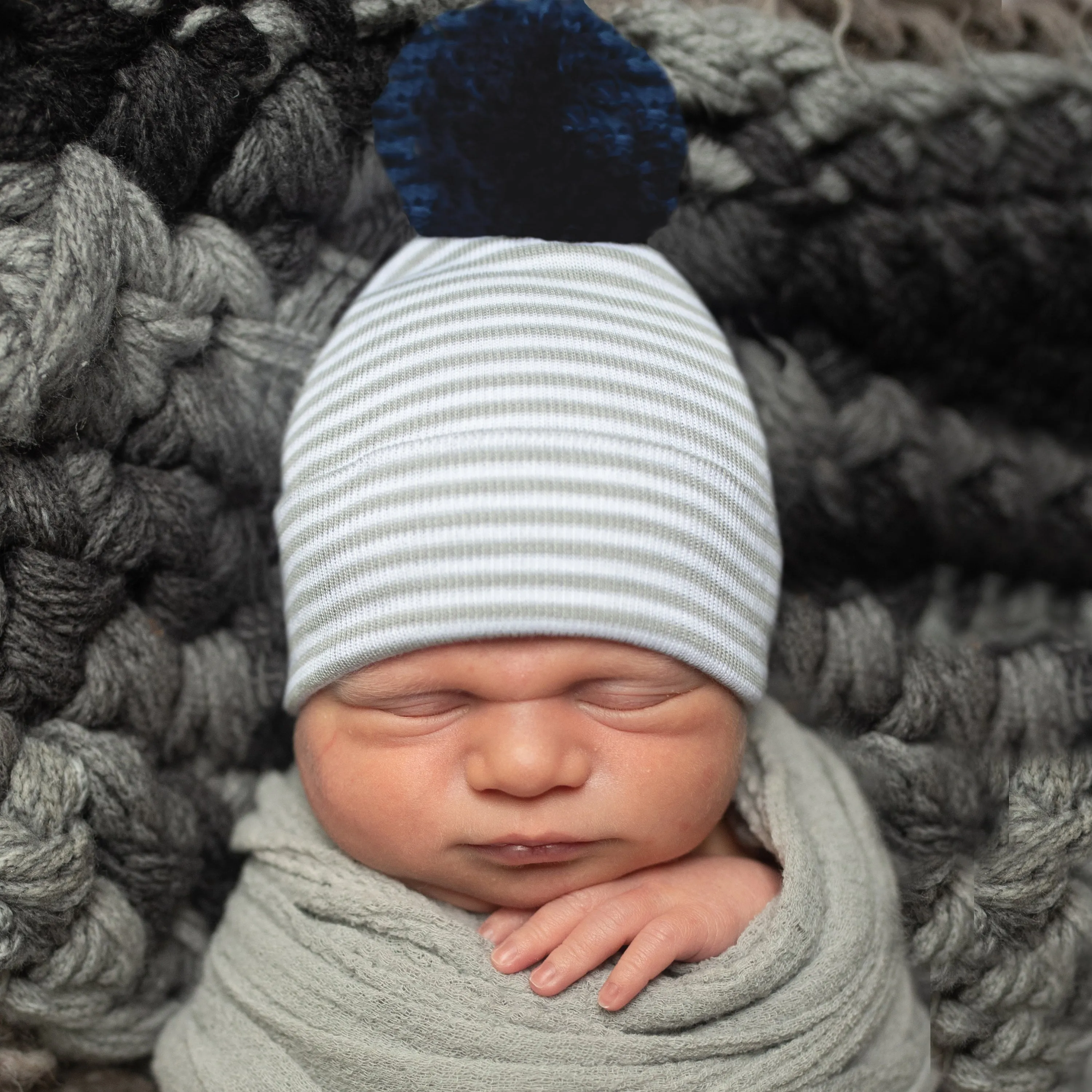 Grey and White Striped Newborn Boy Hospital Beanie Hat with Navy Blue Pom Pom Infant Hat Newborn Hat