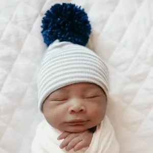 Grey and White Striped Newborn Boy Hospital Beanie Hat with Navy Blue Pom Pom Infant Hat Newborn Hat