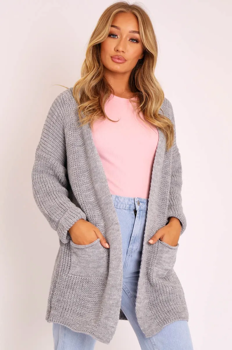 Grey Knitted Oversized Pocket Detail Cardigan - Anna