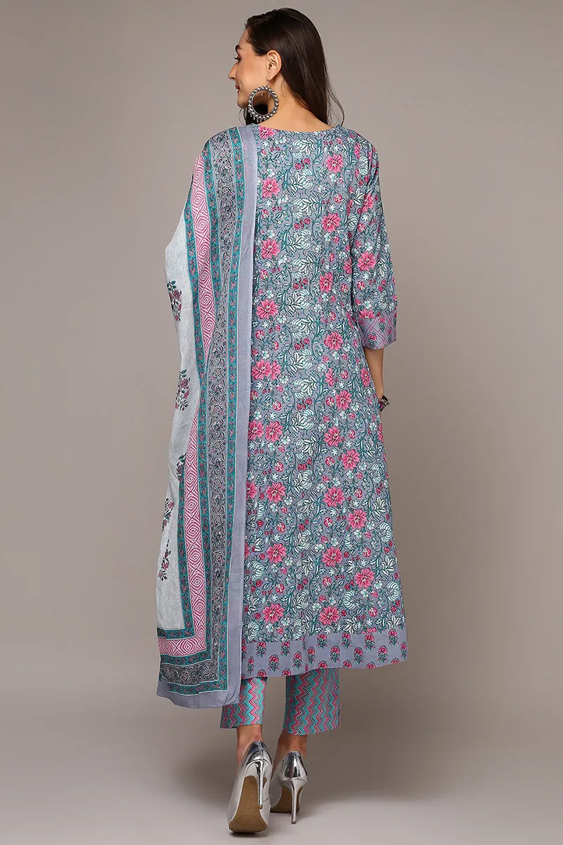 Grey Pure Cotton Printed Flared Suit Set