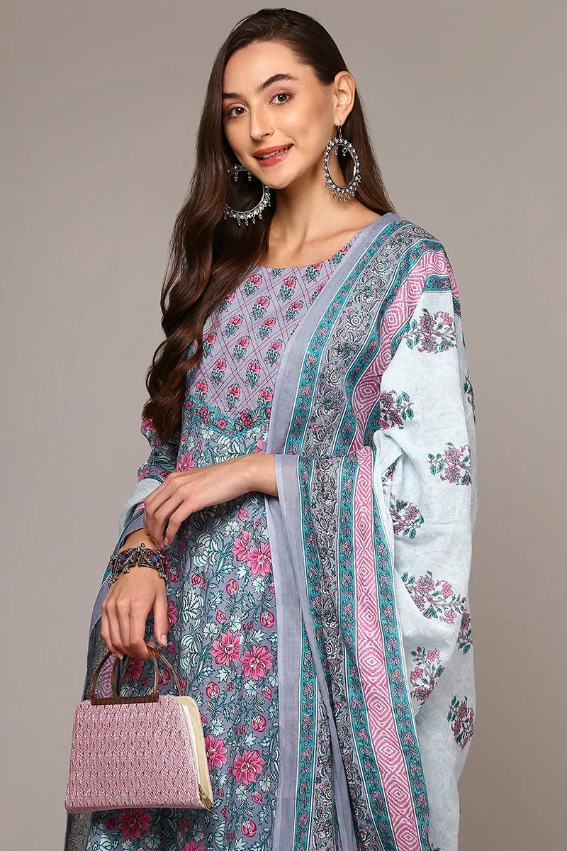 Grey Pure Cotton Printed Flared Suit Set