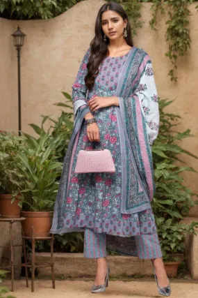 Grey Pure Cotton Printed Flared Suit Set