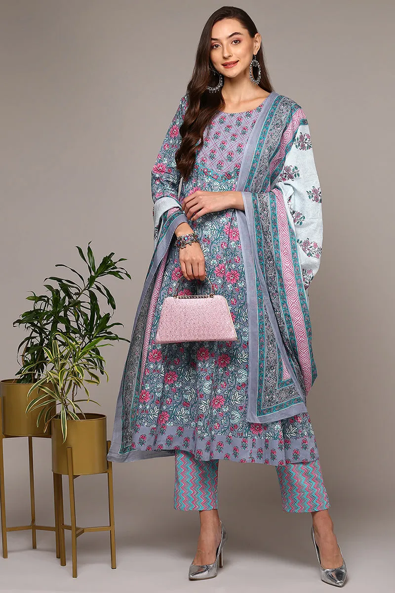 Grey Pure Cotton Printed Flared Suit Set