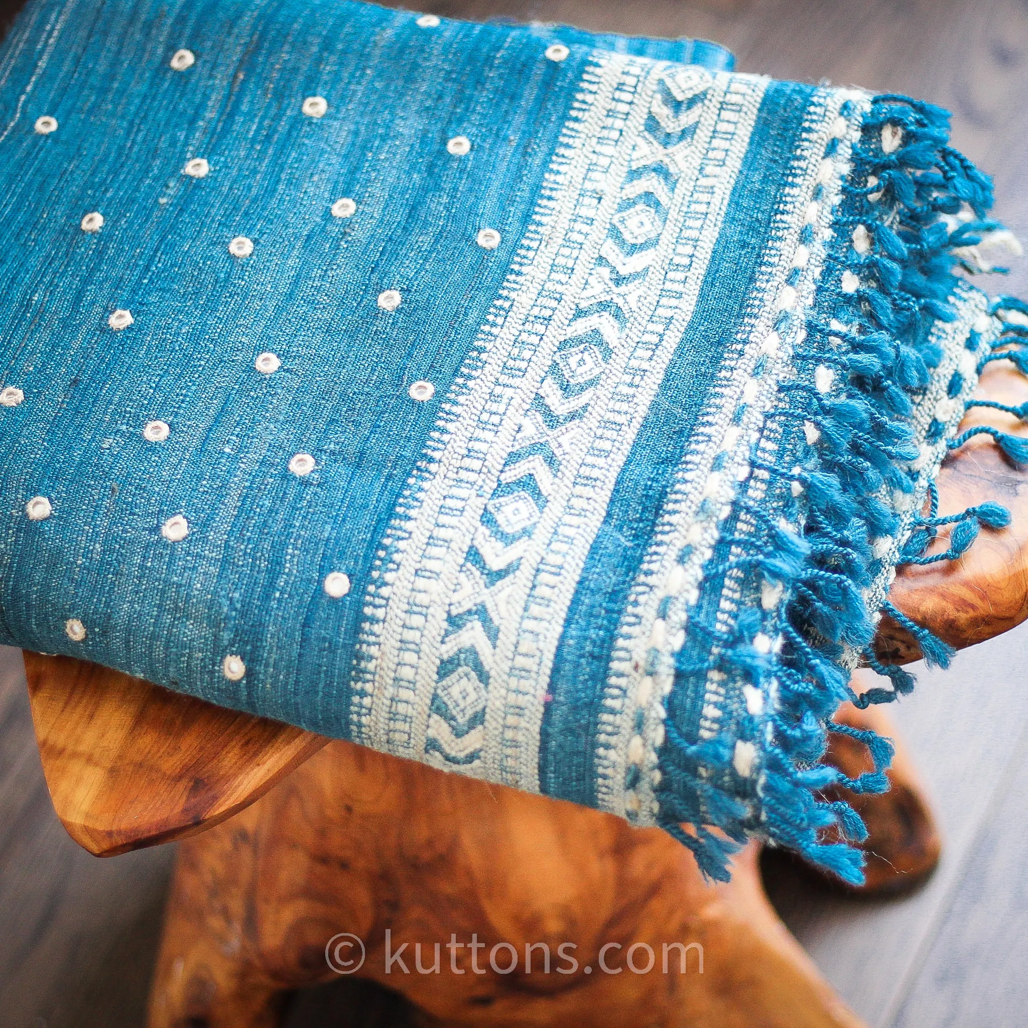 Handspun & Handwoven Tussar Silk, Merino Wool Shawl - With Mirror Embroidery | Blue, Golden Brown, 37x84"