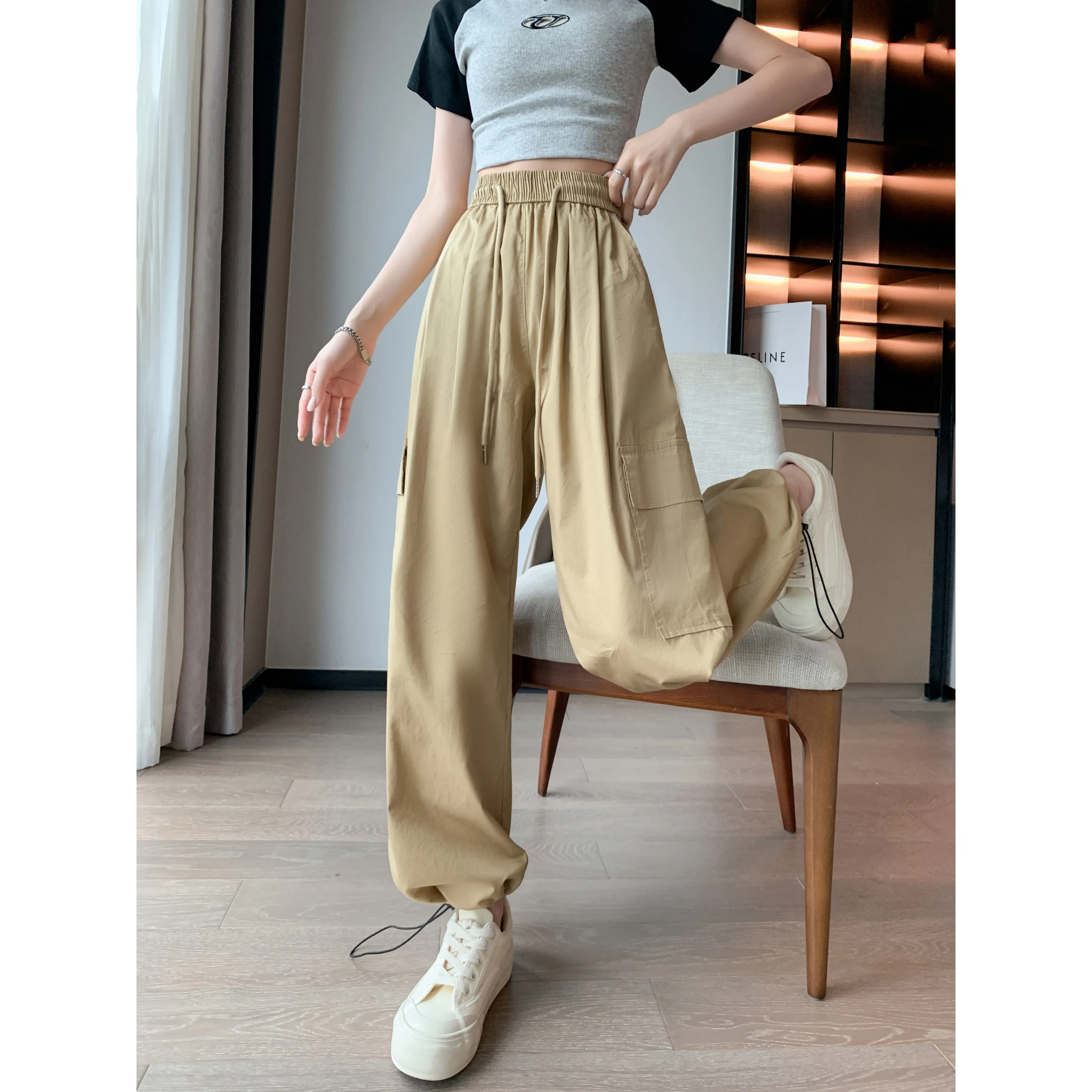 High-Waisted Straight Leg Quick-Drying Thin Sun Protection Drawstring Pants