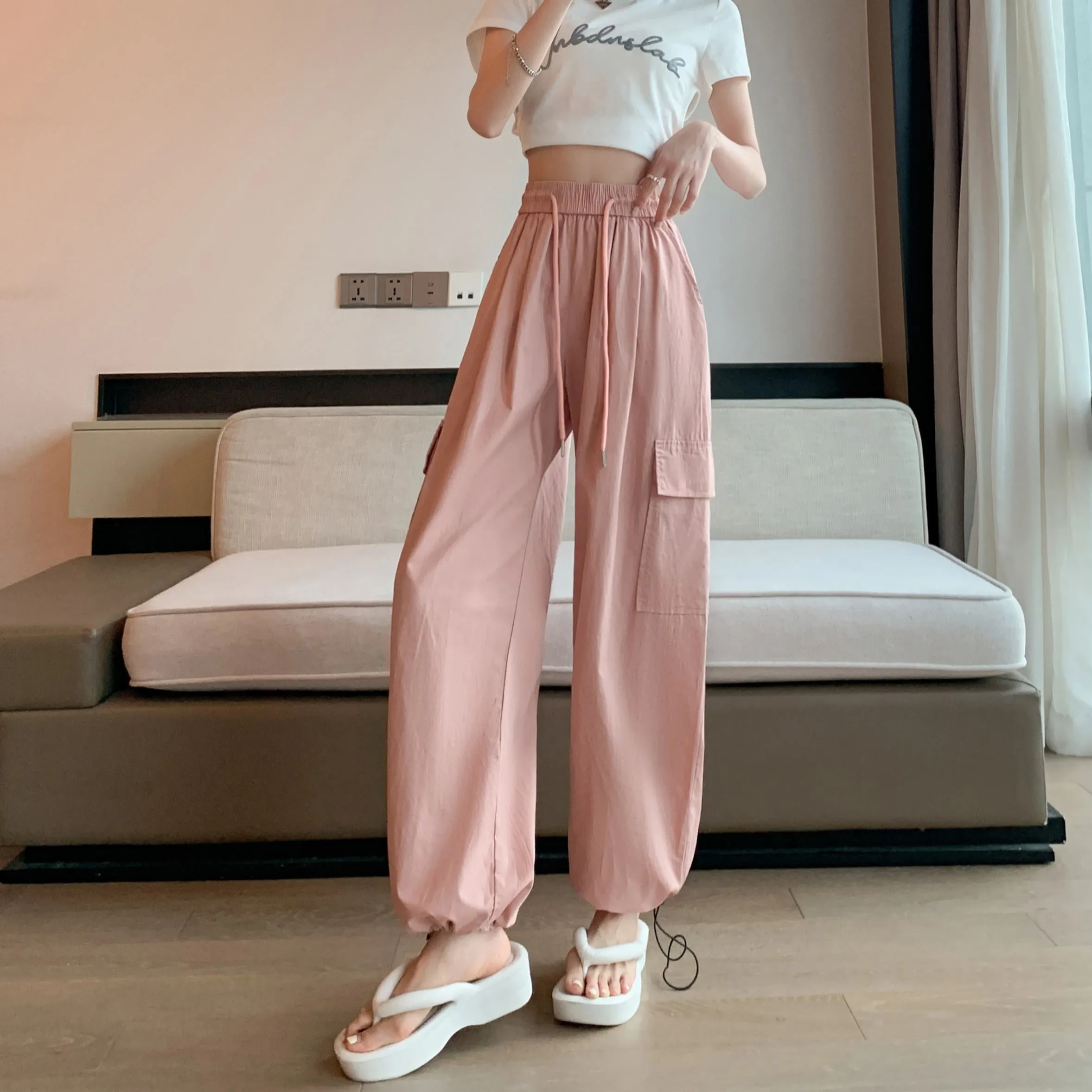 High-Waisted Straight Leg Quick-Drying Thin Sun Protection Drawstring Pants