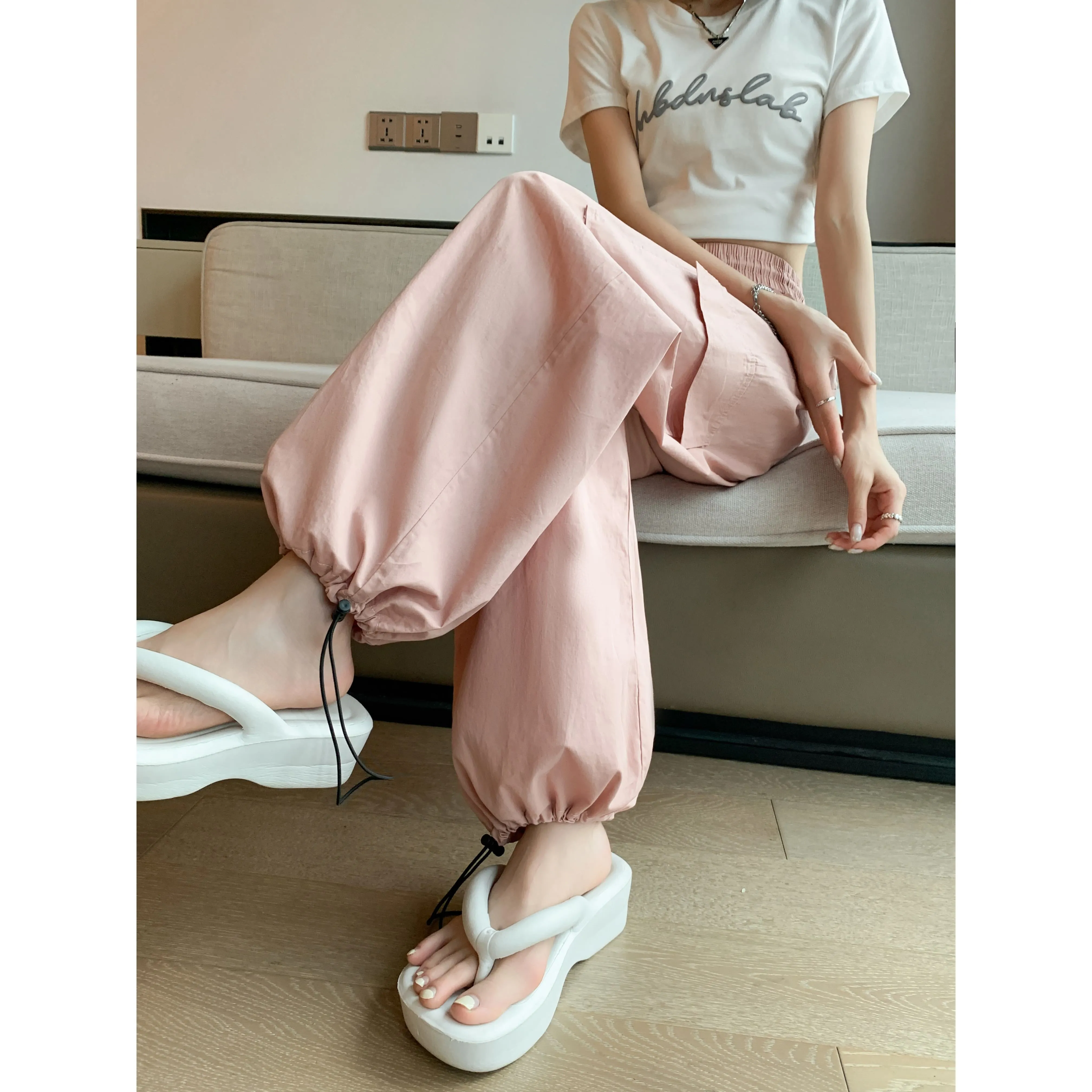 High-Waisted Straight Leg Quick-Drying Thin Sun Protection Drawstring Pants